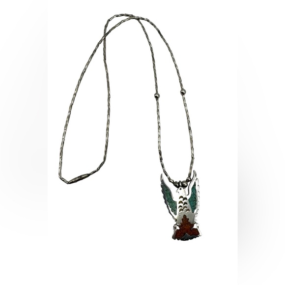 Navajo Native American Sterling Liquid Silver Turquoise Peyote Bird Necklace - Picture 3 of 5